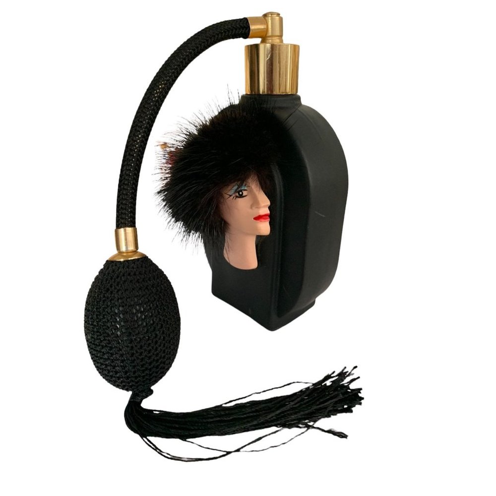 Satin Black Glass Perfume Bottle with Atomizer 3D Lady Face with Black Hair.